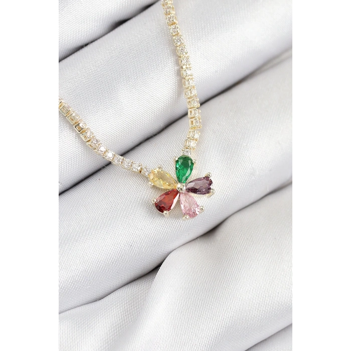 BFS Pirinç Zirkon Taşlı Su Yolu Asorti Çiçek Model Gold Renk Kadın Kolye