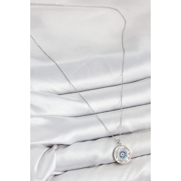 BFS Pirinç Zirkon Taşlı Su Yolu Nazar Model Gümüş Renk Kadın Kolye