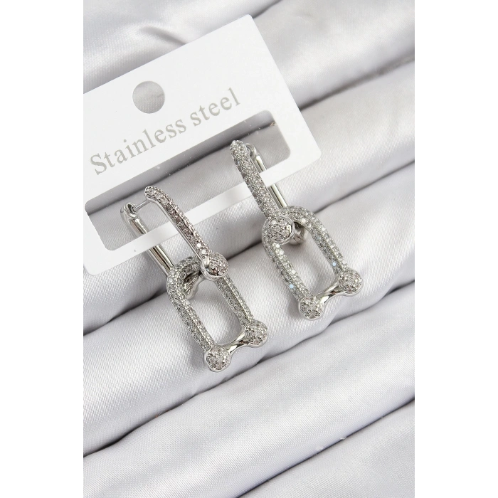 BFS Pirinç Zirkon Taşlı Tifany Model Gümüş Renk Kadın Küpe