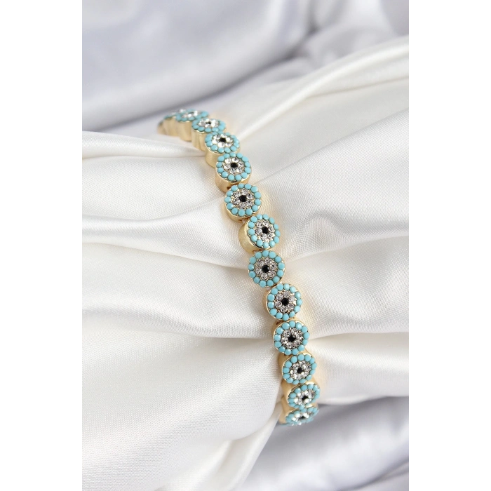 BFS Pirinç Zirkon Taşlı Turkuaz Nazar Model Gold Renk Lastikli Kadın Bileklik