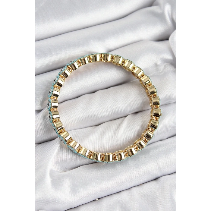 BFS Pirinç Zirkon Taşlı Turkuaz Nazar Model Gold Renk Lastikli Kadın Bileklik