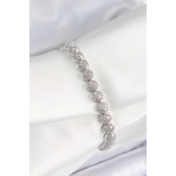 BFS Pirinç Zirkon Taşlı Yarım Topcuk Model Gümüş Renk VIP Seri Kadın Bileklik