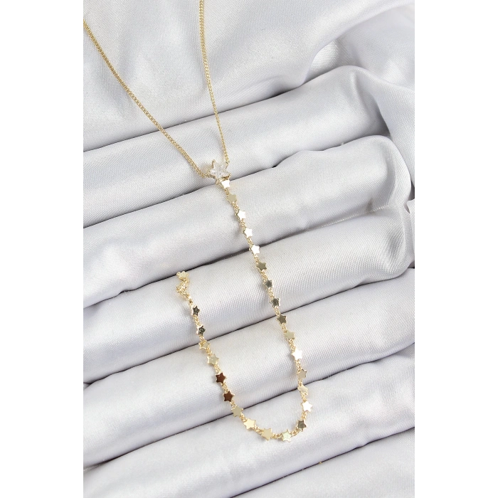 BFS Pirinç Zirkon Taşlı Yıldız Figürlü Y Model Gold Renk Kadın Kolye