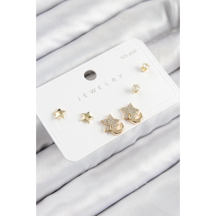 BFS Pirinç Zirkon Taşlı Yıldız Model Gold Renk 925 Ayar Gümüş Çivi Kadın Küpe Set