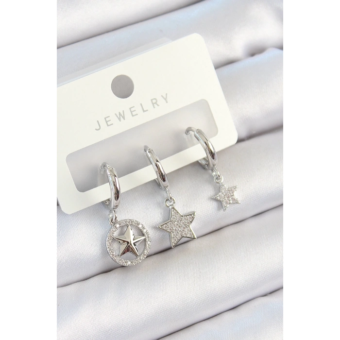 BFS Pirinç Zirkon Taşlı Yıldız Model Gümüş Renk 3lü Çift Kadın Küpe Set