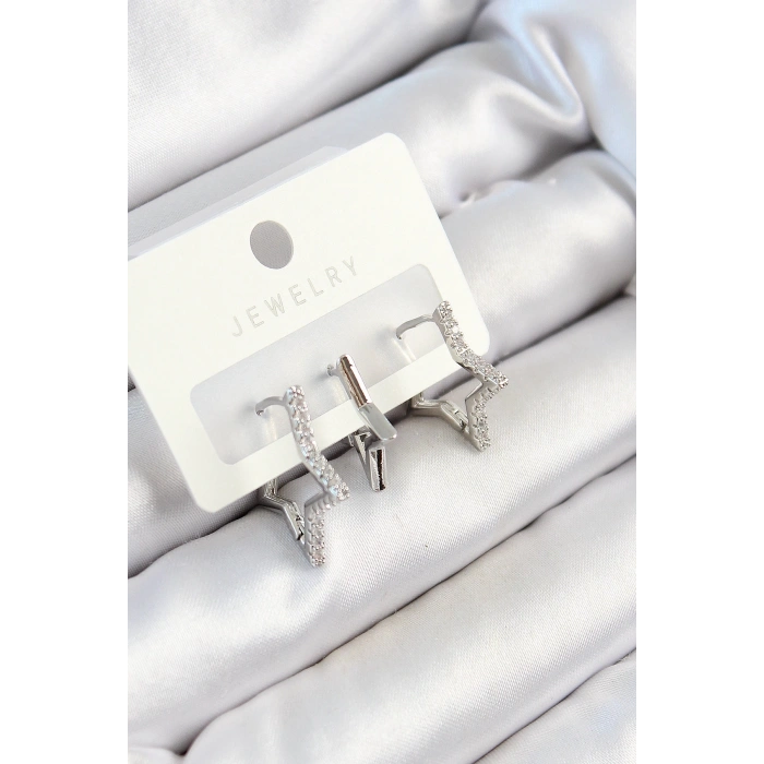 BFS Pirinç Zirkon Taşlı Yıldız Model Gümüş Renk 3lü Çift Kadın Küpe Set