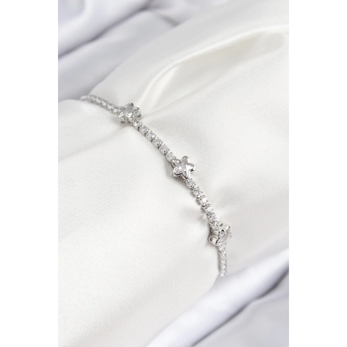 BFS Pirinç Zirkon Taşlı Yıldız Model Gümüş Renk Asansörlü Kadın Bileklik