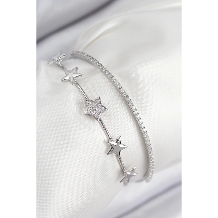 BFS Pirinç Zirkon Taşlı Yıldız Model Gümüş Renk Kadın Bileklik