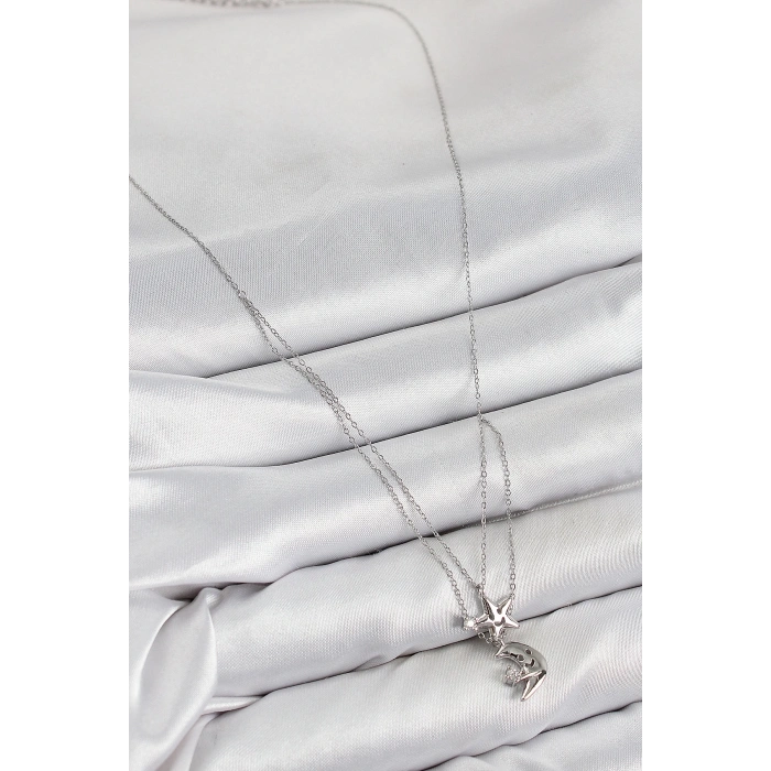 BFS Pirinç Zirkon Taşlı Yıldız Ve Ay Model Gümüş Renk Kadın Kolye