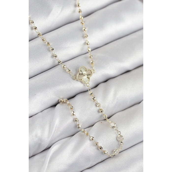 BFS Pirinç Zirkon Taşlı Yonca Model Gold Renk Kadın Y Kolye