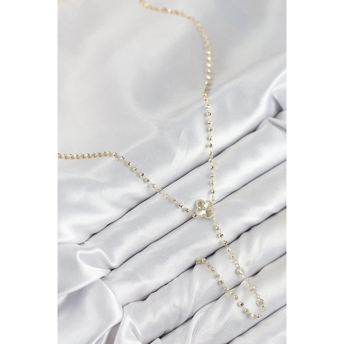 BFS Pirinç Zirkon Taşlı Yonca Model Gold Renk Kadın Y Kolye