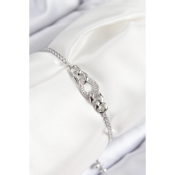 BFS Pirinç Zirkon Taşlı Zincir Model Gümüş Renk Asansörlü Kadın Bileklik