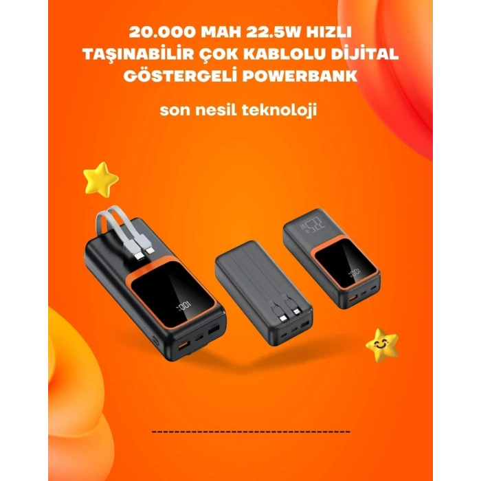 BFS Powerbank 20000 mAh | 22.5W Hızlı Şarj, Dahili Kablolu, LCD Ekranlı Şarj Cihazı
