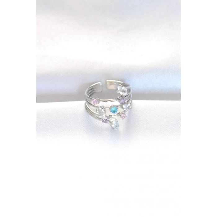 BFS Renkli Zirkon Taşlı Silver Renk Ayarlanabilir Yüzük