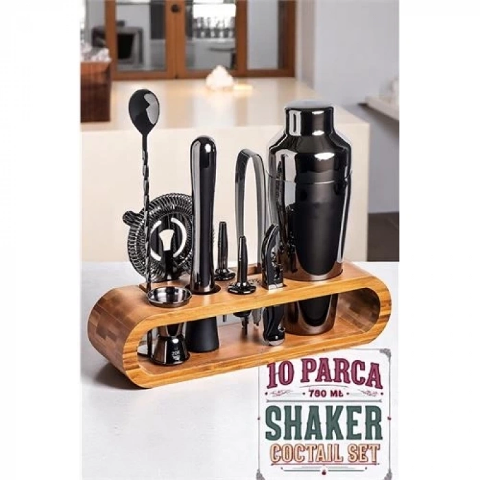 BFS Shaker Kokteyl Set - 10 Parça 750 ML Shaker Coctail Set  Bambu Standlı