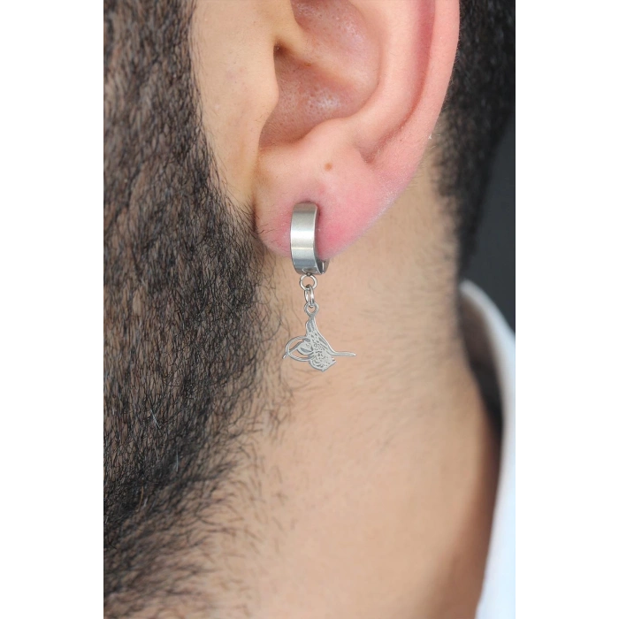 BFS Silver Renk Kaplama Osmanlı Tuğra Figürlü Kıstırmalı Çelik Erkek Küpe