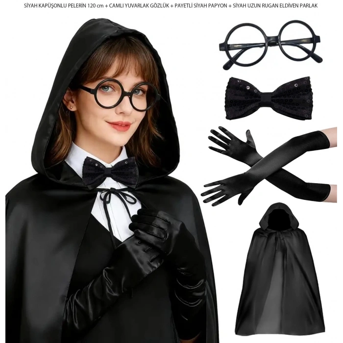 BFS Siyah Kapüşonlu Büyücü Ve Cadı Pelerin Kostüm Seti (4 Parça)