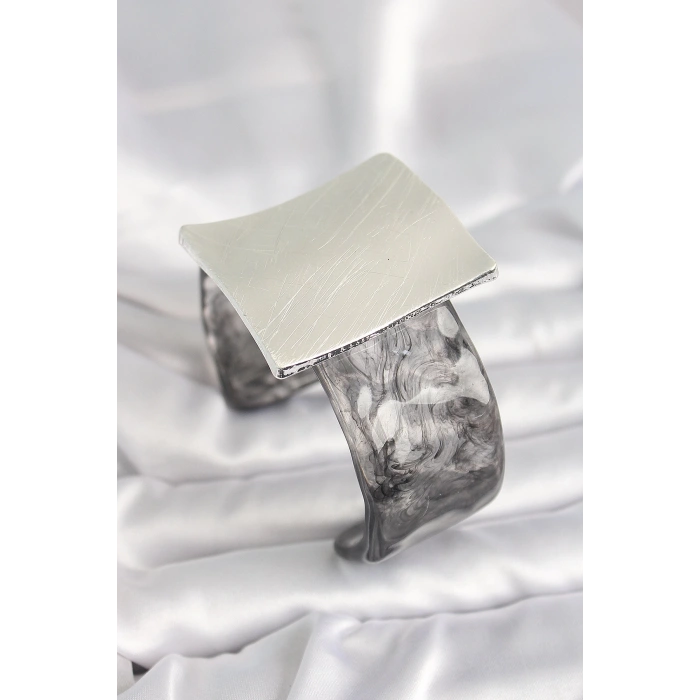 BFS Siyah Mermer Desen Akrilik Plastik Gümüş Kare Plaka Model Vintage Kadın Bilezik