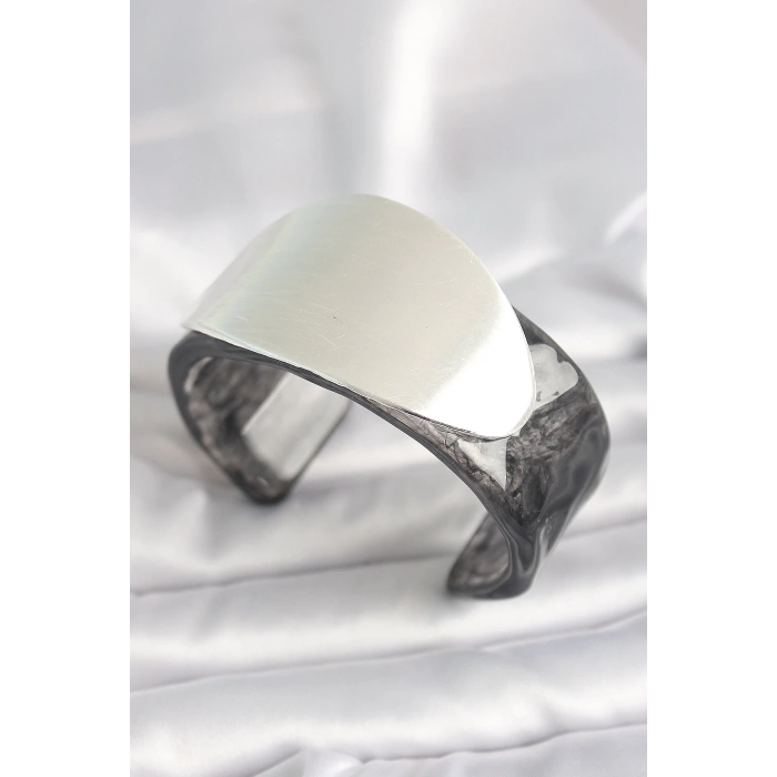 BFS Siyah Mermer Desen Akrilik Plastik Gümüş Oval Plaka Model Vintage Kadın Bilezik