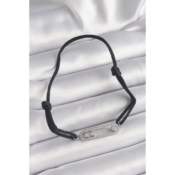BFS Siyah Renk İpli Asansör Zirkon Taşlı Gümüş Messika Model Kadın Bileklik
