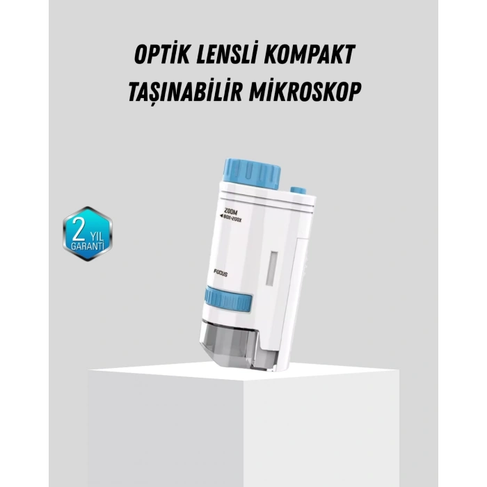 BFS Taşınabilir Mini Mikroskop LED Işıklı 80X–200X Büyütmeli ve Odak Ayarlı