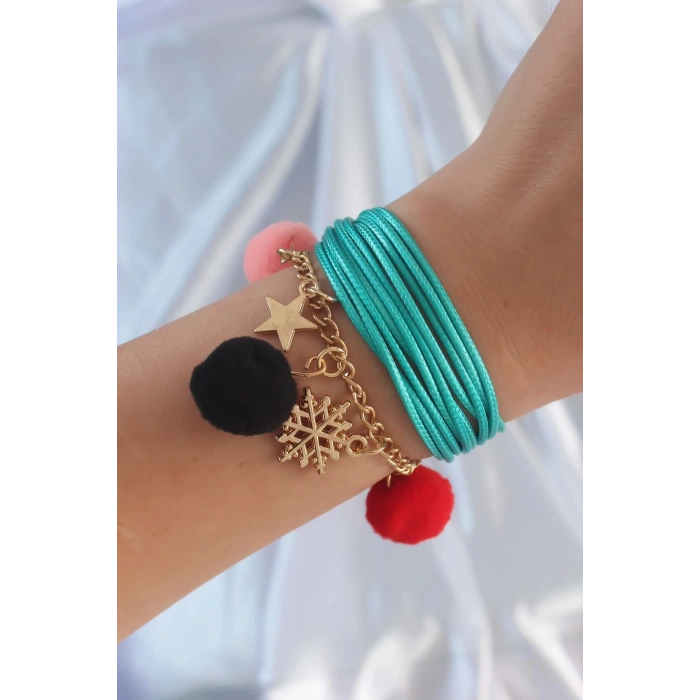 BFS Turkuaz Renk Kar Tanesi Figür Zincir Detay İpli Çoklu Bileklik