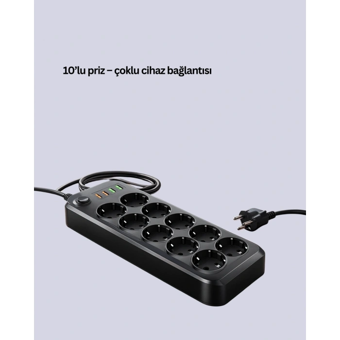 BFS USB Type-C Destekli 10’lu Grup Priz Termal Korumalı 2m Kablo 2500W