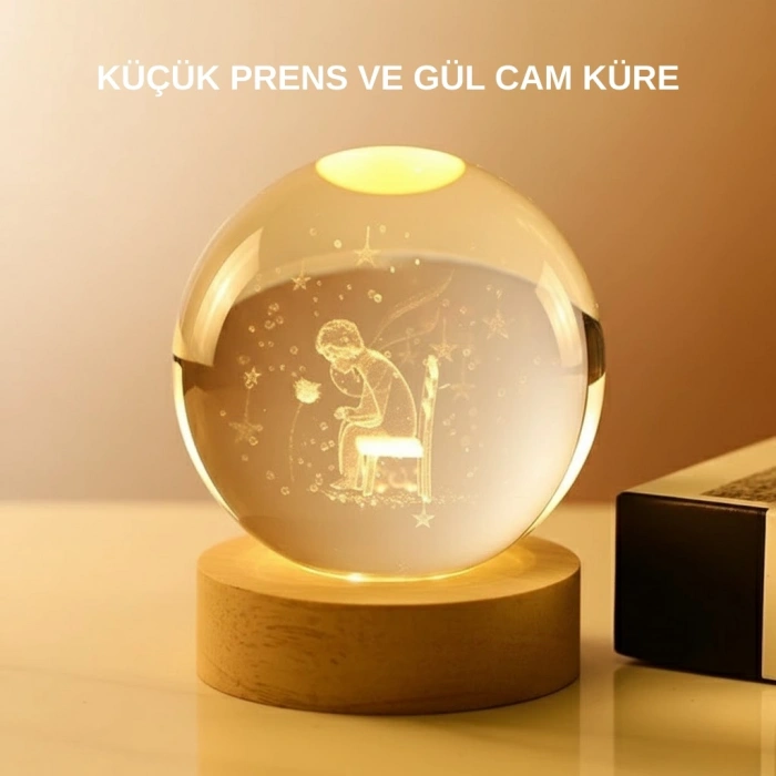 BFS USB’li Küçük Prens Işıklı Cam Küre Ahşap Altlıklı Dekoratif Lamba