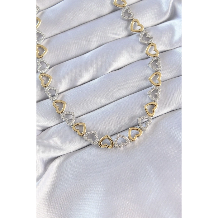 BFS Vip Seri Pirinç Çift Renk Zirkon Taşlı İçi Boş Kalp Tasarımlı Kolye