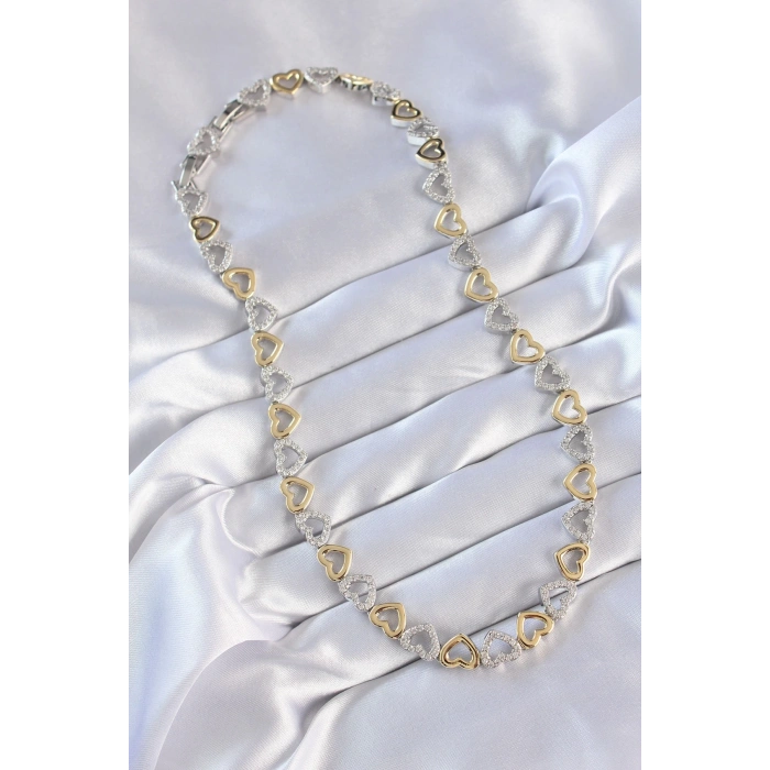 BFS Vip Seri Pirinç Çift Renk Zirkon Taşlı İçi Boş Kalp Tasarımlı Kolye