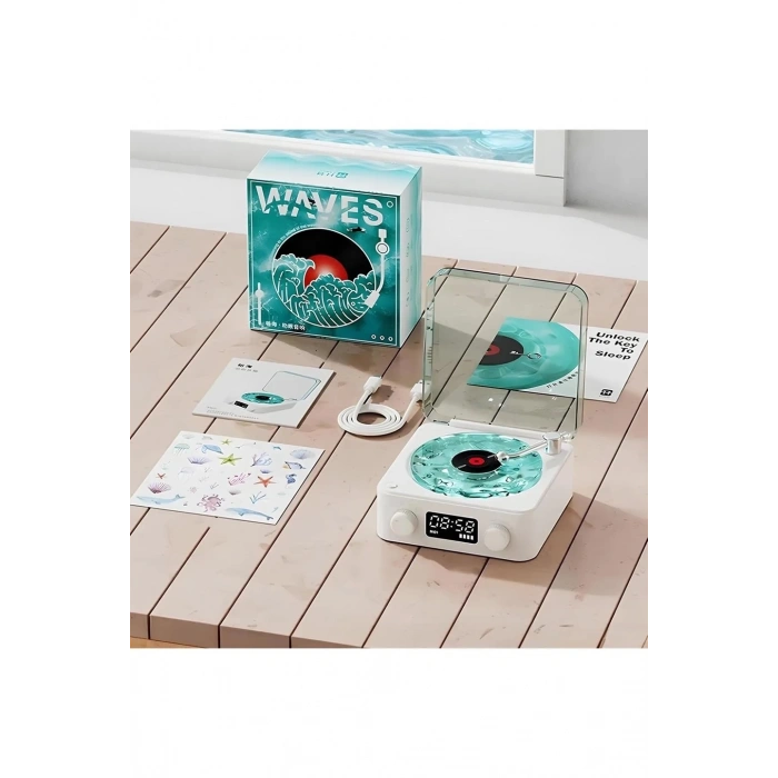 BFS Waves Nostalji Plak Görünümlü Bluetooth Hoparlör 3d Ses Dalgası Retro Müzik Plak Mavi