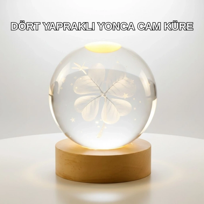 BFS Yonca Figürlü Cam Küre USB Işıklı Ahşap Tabanlı Dekoratif Masa Lambası