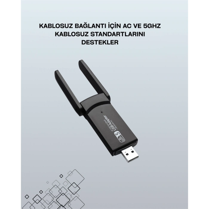 BFS Yüksek Hızlı 1200 Mbps Çift Bant USB WiFi Adaptör – Güçlü Sinyal, Geniş Uyumluluk