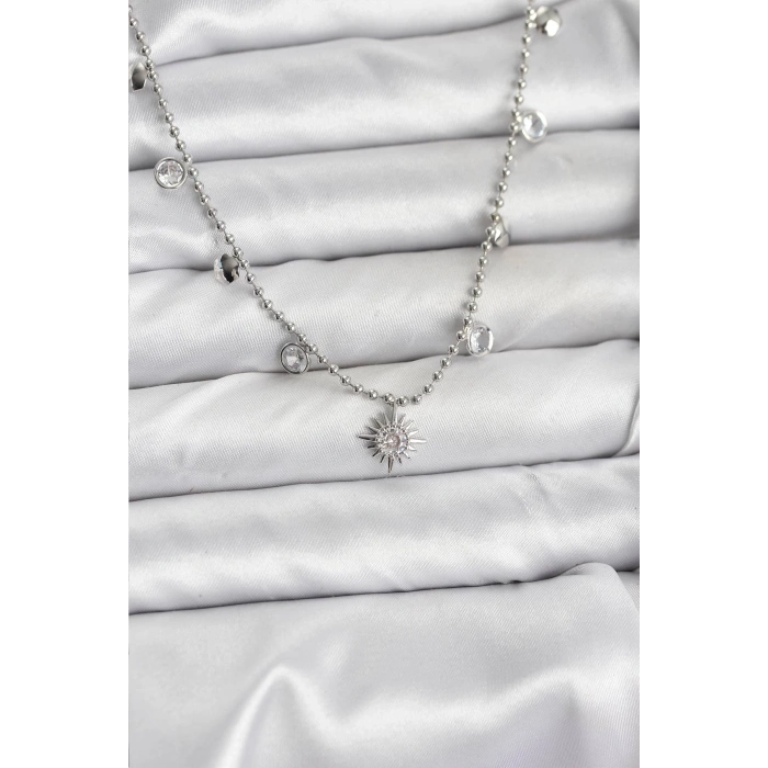 BFS Zirkon Taşlı Kutup Yıldızı Model Pirinç Gümüş Renk Kadın Kolye