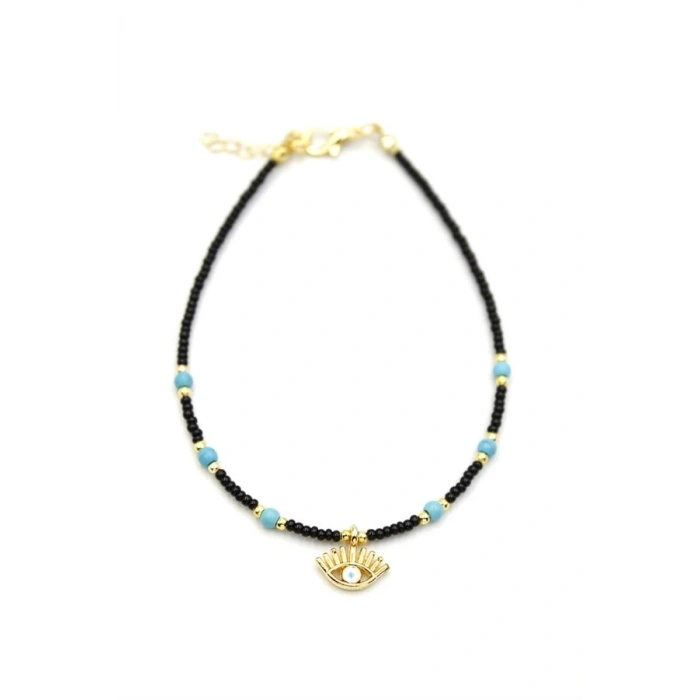 Boncuklu Göz Halhal - Siyah