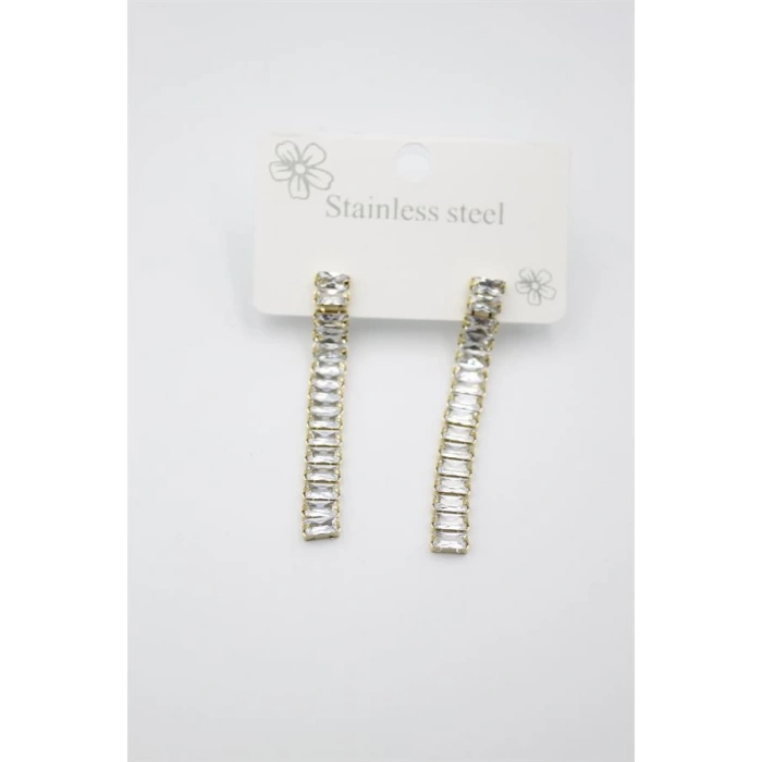 Büyük Baget Taşlı Çelik  Küpe - Altın