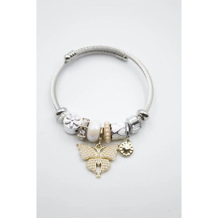 Çelik Charmlı Kelebek Bileklik - Beyaz