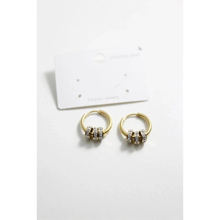 Çelik Taşlı Halka  Küpe - Altın