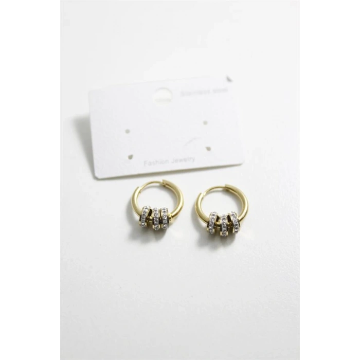 Çelik Taşlı Halka  Küpe - Altın