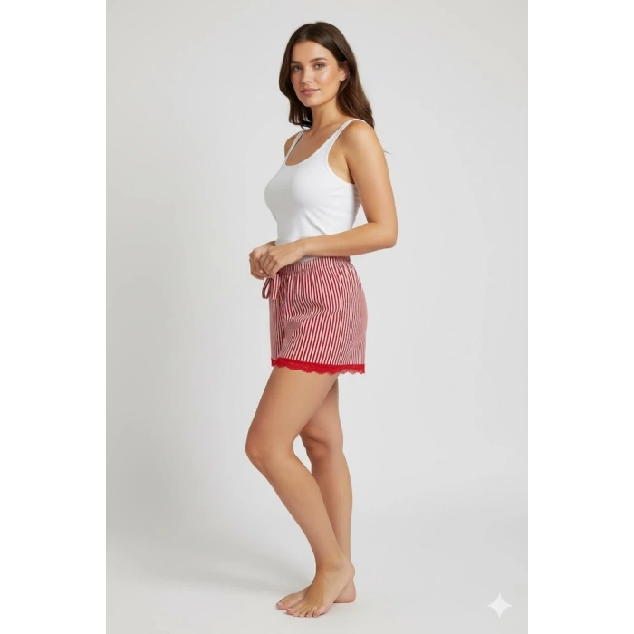 Çizgili Penye Kadın Ev Şortu Bacak Dantel Detaylı Ev Giyim Kırmızı