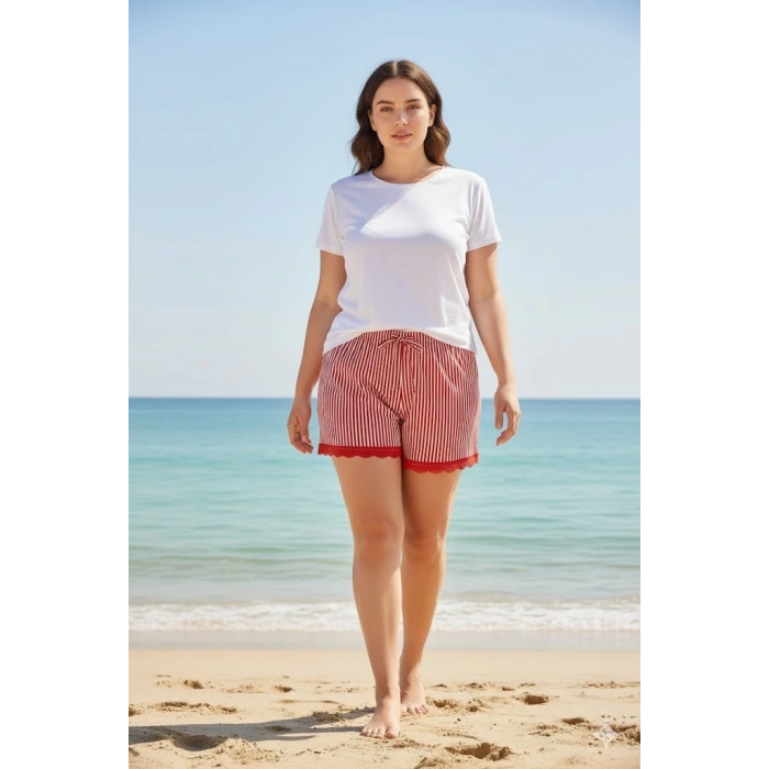 Çizgili Penye Kadın Ev Şortu Bacak Dantel Detaylı Ev Giyim Kırmızı
