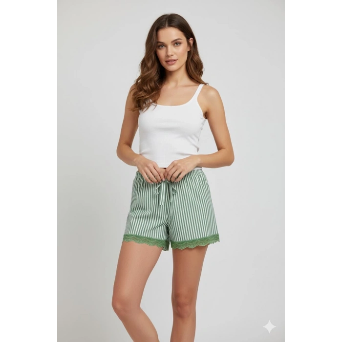 Çizgili Penye Kadın Ev Şortu Bacak Dantel Detaylı Ev Giyim Yeşil