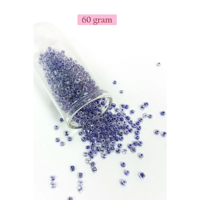 Dökme Cam Kum Boncuk (8/0) 3 mm - 60 Gram - Şeffaf Mor Beyaz - BNC222