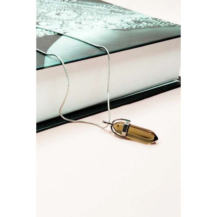 Dumanlı Kuvars Doğal Taşı Zincirli El Yapımı Tasarımlı Kolye Uç: 3,5 cm Zincir: 20 cm Kutulu