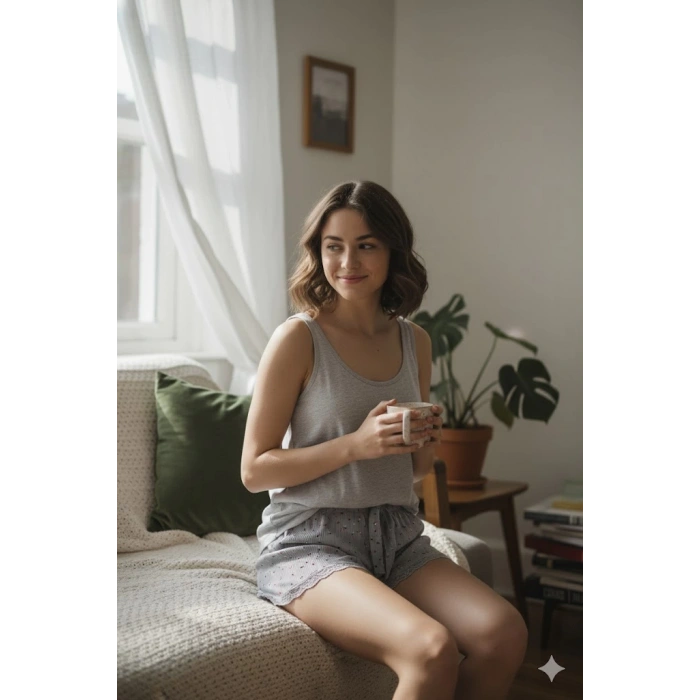 Düz Renk Mini Çiçek Desenli Penye Kadın Ev Şortu Bacak Dantel Detaylı Ev Giyim Gri