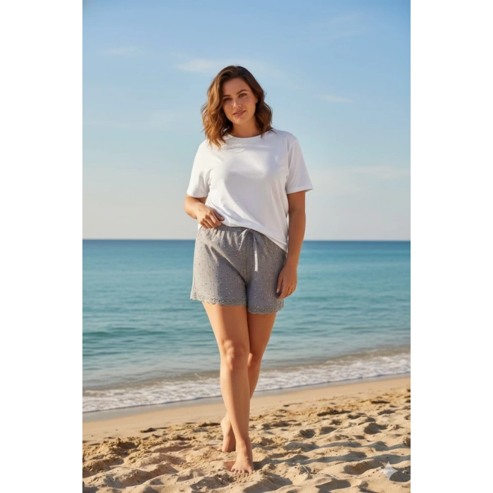 Düz Renk Mini Çiçek Desenli Penye Kadın Ev Şortu Bacak Dantel Detaylı Ev Giyim Gri