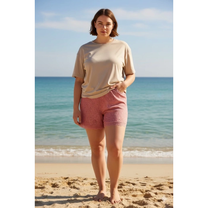 Düz Renk Mini Çiçek Desenli Penye Kadın Ev Şortu Bacak Dantel Detaylı Ev Giyim Pembe