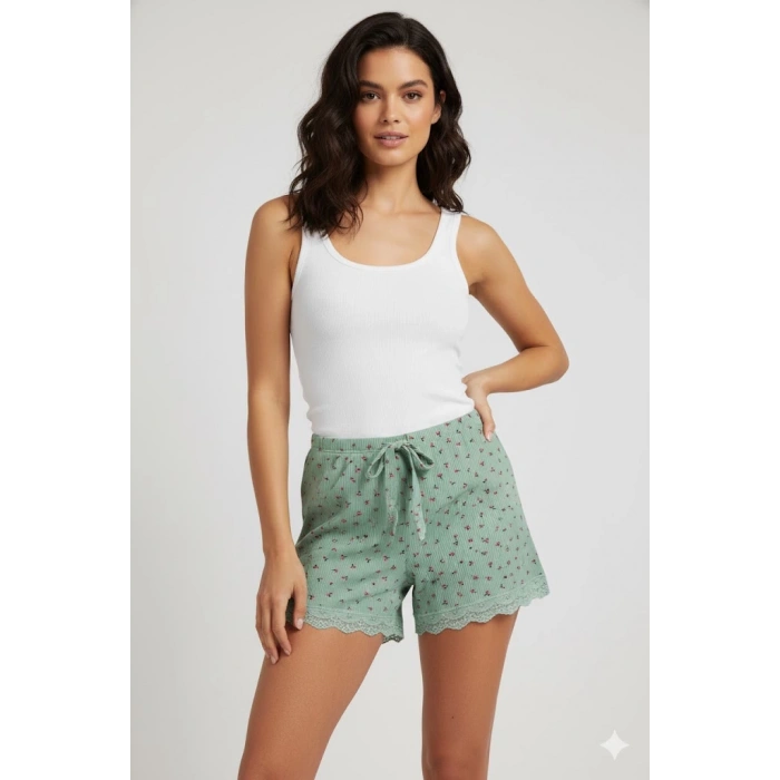 Düz Renk Mini Çiçek Desenli Penye Kadın Ev Şortu Bacak Dantel Detaylı Ev Giyim Yeşil
