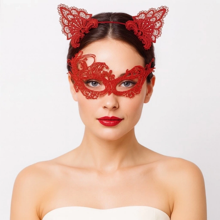 Gizemli Kırmızı Dantel Maske Ve Taç Seti 1 No - Kostüm Seti