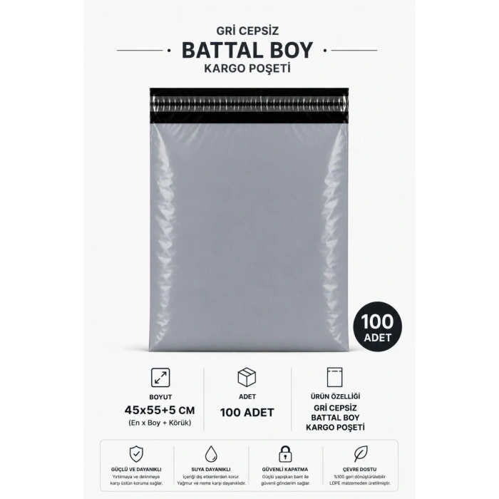 Gri Cepsiz Battal Boy Kargo Poşeti 45x55+5 Cm 100 Adet